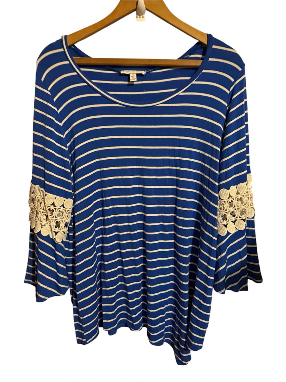 Notations Blue and Cream Striped Scoop Neck Top with Crochet Sleeve Trim